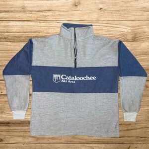 Vintage Cataloochee Ski Area Quarter Zip Pullover Grey Blue Made in USA Large